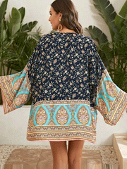 Kimono court à imprimé floral en coton bleu marine