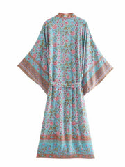 Robe de plage longue en coton à imprimé floral bleu