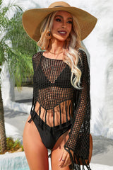 Cache-maillot ajouré à manches évasées et bordure à franges