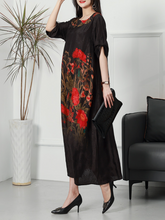 Summer Rayon Round Neck Flowers Print Loose Midi-Dress