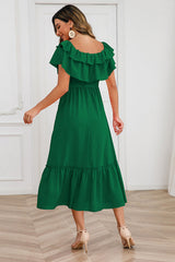 Robe longue à épaules dénudées et volants