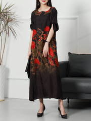 Summer Rayon Round Neck Flowers Print Loose Midi-Dress