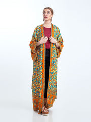 Robe de plage kimono à imprimé floral bohème de couleur orange en coton et viscose, longue robe kimono