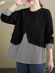 Striped Splicing Fake Two Piece Plus-Size Sweater Top