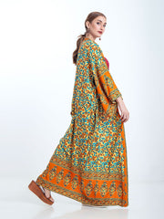 Robe de plage kimono à imprimé floral bohème de couleur orange en coton et viscose, longue robe kimono
