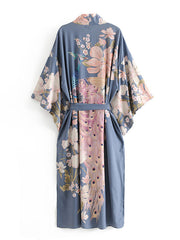 Partywear Kimono Blumendruck Baumwolle Viskose Blau Lagune Kleid Robe Kimono
