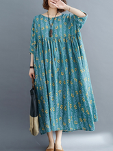 Damen Sommerkleid mit lockerem Rundhalsausschnitt und kurzen Ärmeln in Übergröße, mittellang, gesmokt
