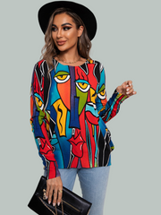 Cross-Border Pullover Long-Sleeved Round Neck Printed Top