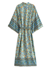 Robe de plage longue en coton à imprimé floral de couleur verte, robe kimono