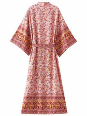 Robe longue kimono en coton imprimé de couleur rose