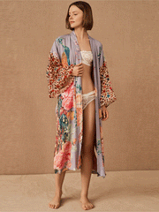 Robe de soirée de mariée en polyester longue longueur imprimé paon multicolore robe kimono robe longue