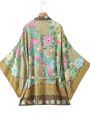 Kimono imprimé oiseaux fleuris couleur verte robe courte en coton kimono plumeau