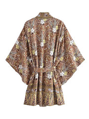 Robe kimono courte en rayonne à imprimé floral couleur café