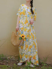 Robe caftan en coton à imprimé floral jaune