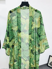 Robe longue kimono en polyester vert à imprimé feuilles pour pique-nique