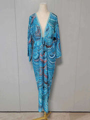 Robe longue kimono en polyester bleu imprimé
