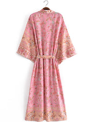 Robe de plage longue en coton à imprimé floral de couleur rose Kimono
