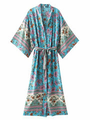 Robe longue kimono en coton bleu imprimé
