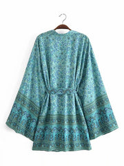 Kimono court à imprimé floral en coton de couleur verte, robe courte, kimono, robe longue