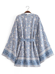 Robe de plage courte en coton bleu à imprimé feuilles