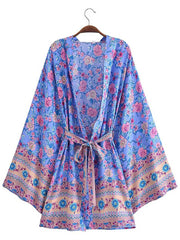 Robe courte kimono en coton à imprimé floral violet, vert et beige