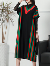 Robe mi-longue en tricot à manches longues et rayures élégante pour l'été