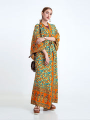Robe de plage kimono à imprimé floral bohème de couleur orange en coton et viscose, longue robe kimono