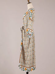 Robe de plage longue en coton à fleurs, kimono beige, robe longue