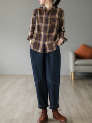Cardigan Loose Cotton Lining Check Pattern Shirt