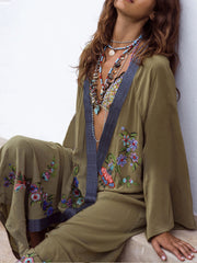 Nachtwäsche, Blumenstickerei, Armeegrün, langes Baumwollkleid