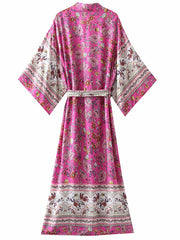 Robe longue kimono en coton à imprimé floral rose et rouge