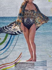 Robe longue kimono en polyester imprimé de couleur noire