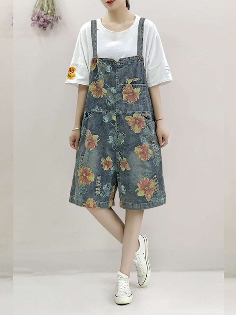 Special Place for You Floral Print Denim Romper Overall Dungarees