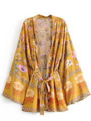 Kimono court à imprimé floral en coton et viscose de couleur jaune, robe courte, kimono, robe longue