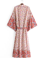 Robe de soirée de mariée longue avec imprimé floral en coton de couleur rouge Kimono Duster