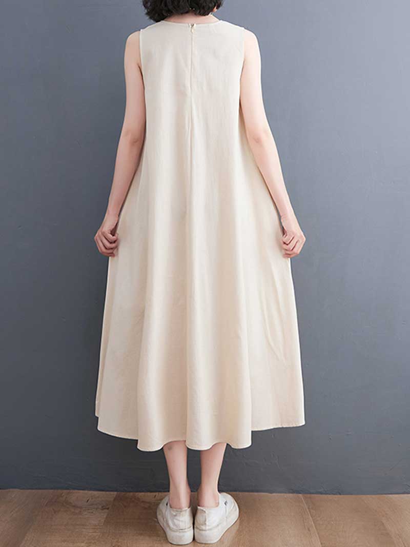 Plain Cotton Round Neck Sleeveless Midi Dress