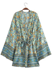 Robe courte kimono en coton à imprimé floral violet, vert et beige