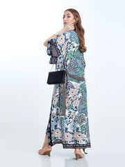 Robe de plage longue en coton à imprimé floral et oiseaux, bleu, blanc et vert, kimono