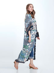 Robe de plage longue en coton à imprimé floral et oiseaux, bleu, blanc et vert, kimono