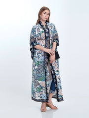 Robe de plage longue en coton à imprimé floral et oiseaux, bleu, blanc et vert, kimono