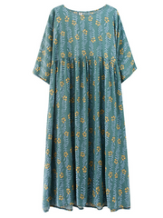 Robe d'été ample à col rond pour femme, imprimée, manches courtes, grande taille, mi-longue, smockée