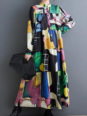 Robe trapèze mi-longue ample et colorée à imprimé grande taille