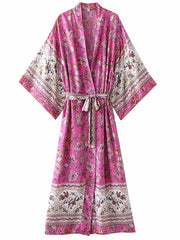 Robe longue kimono en coton à imprimé floral rose et rouge