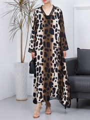 Robe trapèze décontractée à col en V et manches longues imprimée