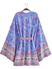 Robe courte kimono en coton à imprimé floral violet, vert et beige