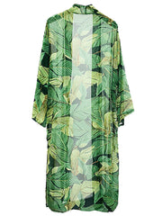 Robe longue kimono en polyester vert à imprimé feuilles pour pique-nique