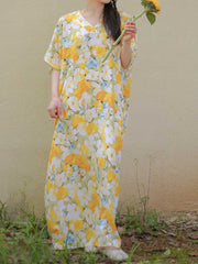 Robe caftan en coton à imprimé floral jaune