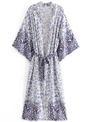 Robe de nuit longue en coton à imprimé floral de couleur verte, kimono long