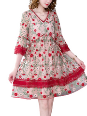 Modisches, kurzes, lockeres, fließendes A-Linien-Kleid mit Blumendruck