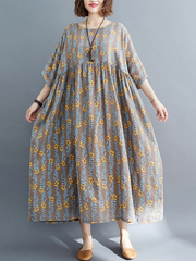 Robe d'été ample à col rond pour femme, imprimée, manches courtes, grande taille, mi-longue, smockée